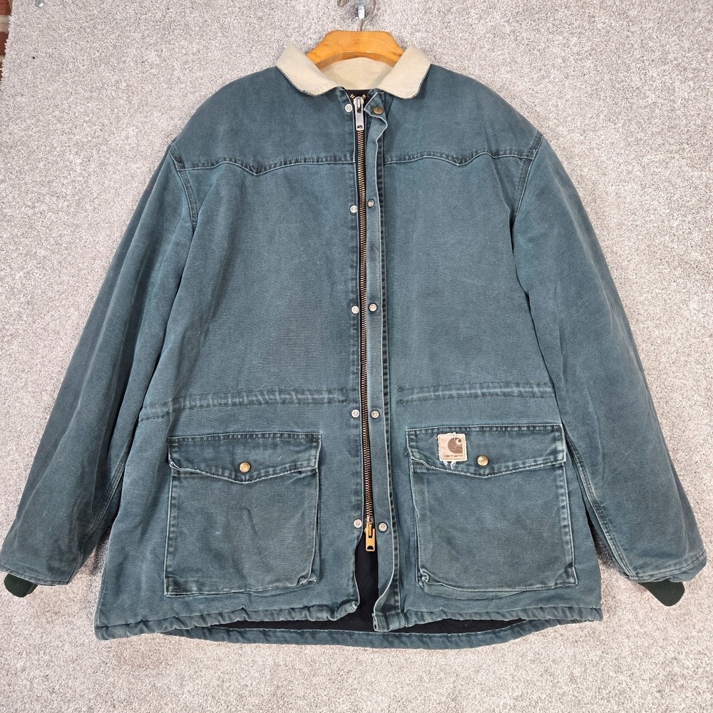 Vintage Carhartt coat Green Duck Canvas Chore Barn Jacket Mens 2XL USA MADE